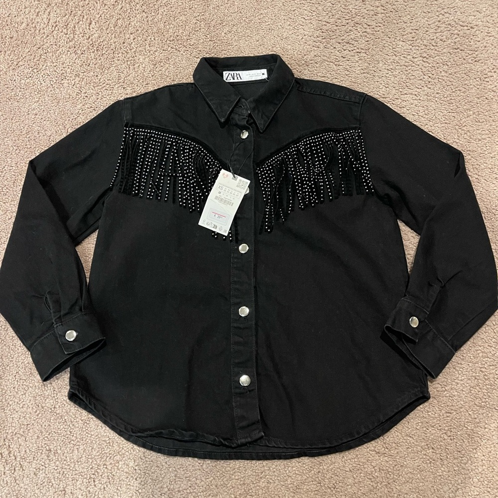 ZARA Studded Fringe Western Vibes Black Button-Down Denim  Jacket - Picture 2 of 10